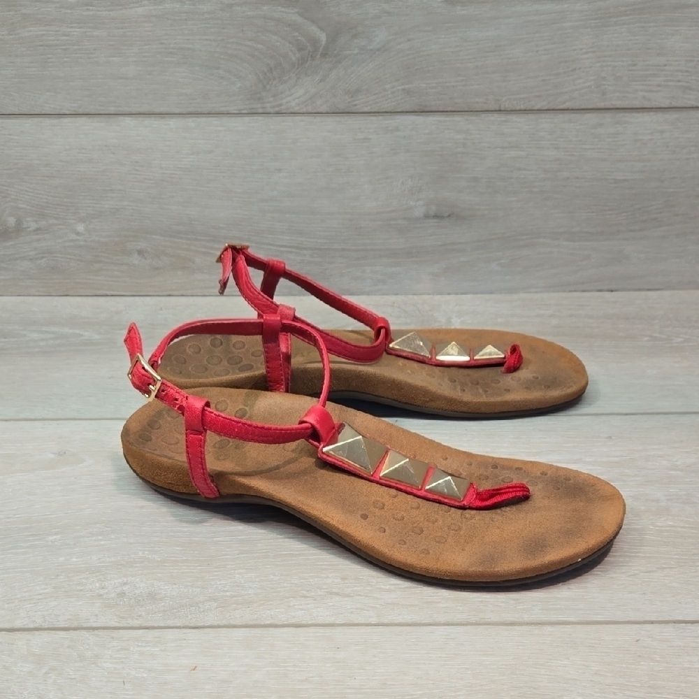 Vionic Women Red Sandals with Gold Accents Sandals Thong T Strap Shoes Sz 8